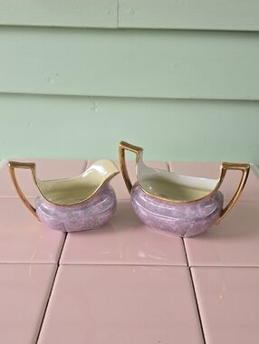 Vintage Style Lavender and Gold Ceramic Creamer and Sugar Set